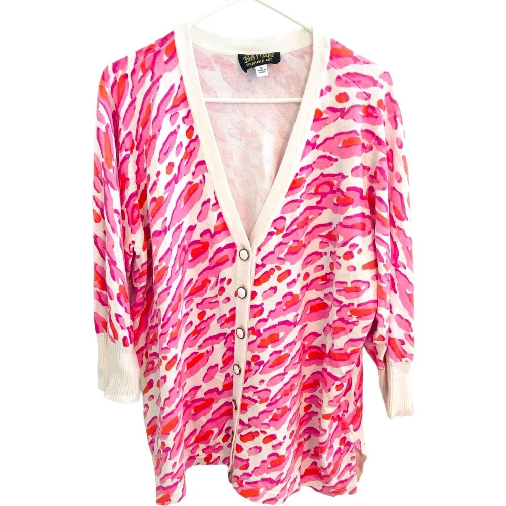 Bob Mackie Wearable Art Cardigan Sweater Womens 1X Pink Animal Print